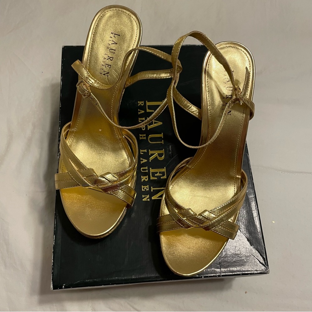Ralph Lauren Percy Gold Espadrill Wedge Heels